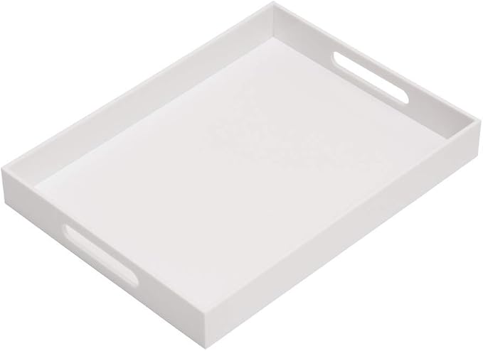Glossy White Acrylic Serving Tray, 12x16Inch, Sturdy Kitchen Countertop Organizer, Decorative Vanity Table Tray, Ottoman Tray, 3/16 inch Thickness