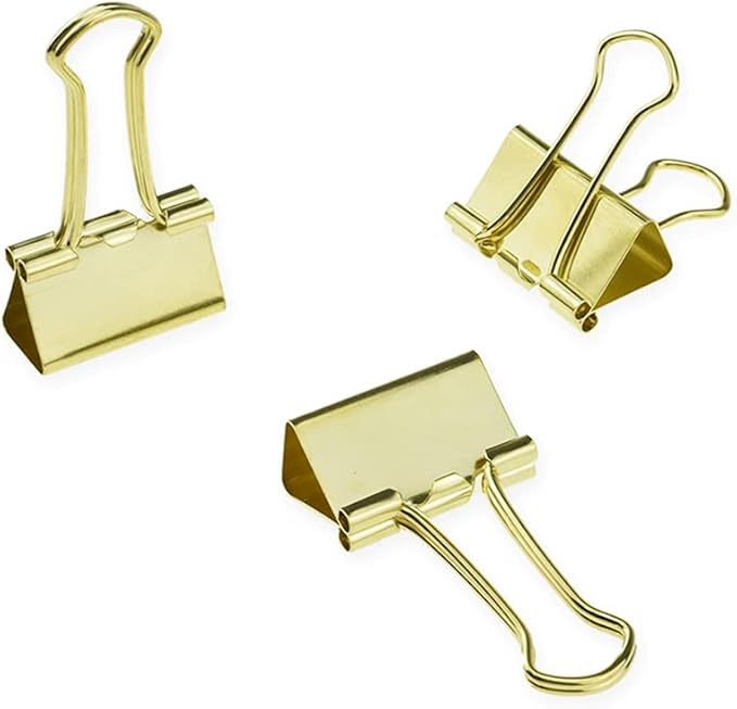 HAHIYO Binder Clips Paper Clamps Spring Steel Sturdy Small 0.75 inches Width 0.2 Inch Capacity No Sharp Edges Heavy Duty Tight Grip Reusable Gold Metal Bright Finish for Home Office School 30 Pack