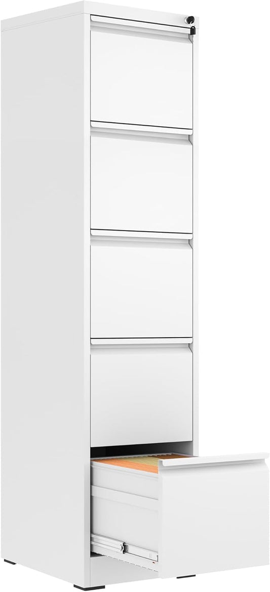 5 Drawer File Cabinet with Lock,Metal Vertical Filing Cabinets for Home Office,Heavy Duty File Storage Cabinet for Letter/Legal/A4/F4 Size File,Assembly Require (White, Vertical 5 Drawer)