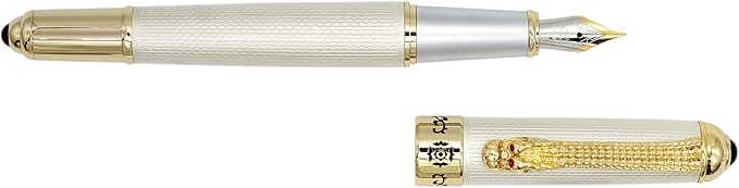 Gullor Fountain Pen with Ink Converter, Golden Dragon Clip, Executive Pen for Smooth Writing, Fine Nib, White