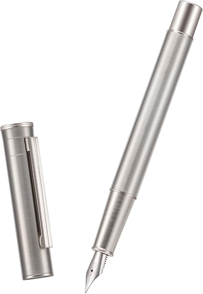 Hongdian 1861 Stainless Steel Fountain Pen Medium Nib, Classic Design Smooth Writing Pen with Converter and Metal Pen Case Set