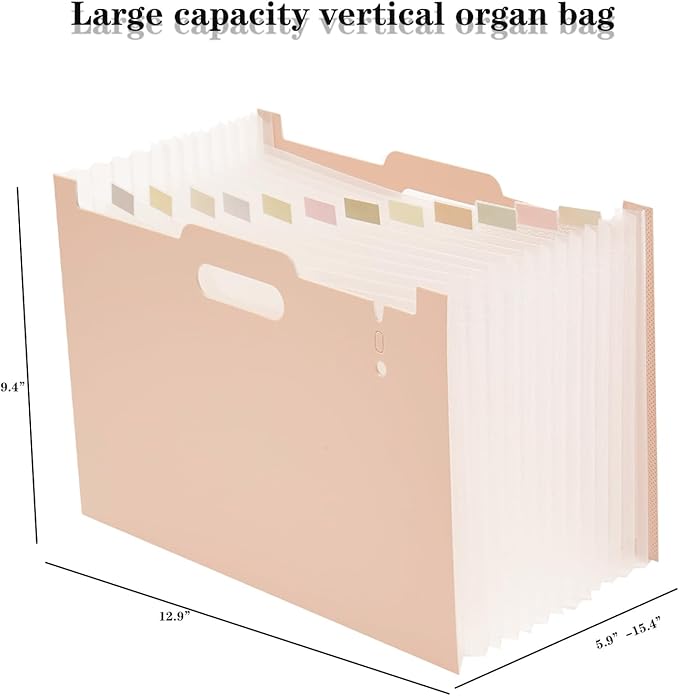 2-Piece Accordion Folder Manager, 12 Grid Expansion Pages, Portable Monthly Bill and Receipt Manager That Opens Upright, Colored Labels, School, Home, and Office letterhead/A4 Size, Pink