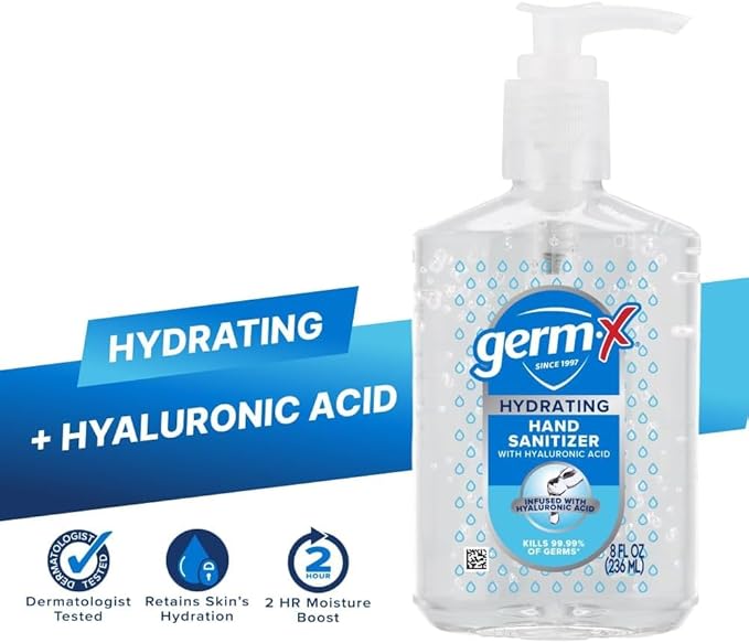 Germ-X Hand Sanitizer, Hydrating with Hyaluronic Acid, 8 Fl Oz Pump (Pack of 6) Instant & No Rinse Formula for All Skin Types, Back to School Supplies, Formulated without Parabens, Phthalates & Dyes