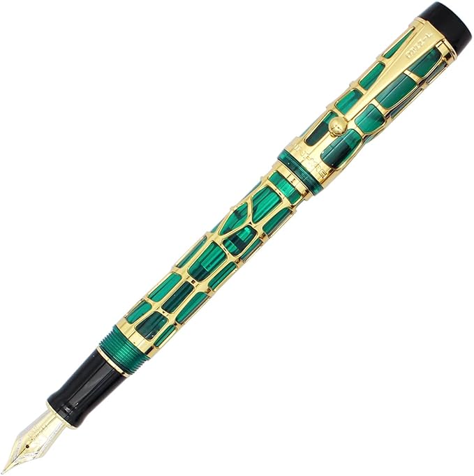 Gullor Century 100 Fountain Pen, Skeleton Hollow-out Series Golden, Screw-Cap, Fine Nib, Transparent Green
