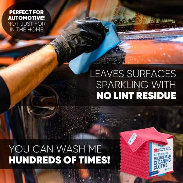 12" x 12" MW Pro Multi-Surface Microfiber Cleaning Cloths | Red - 12 Pack | Premium Microfiber Towels for Cleaning Glass, Kitchens, Bathrooms, Automotive, Supplies & Products