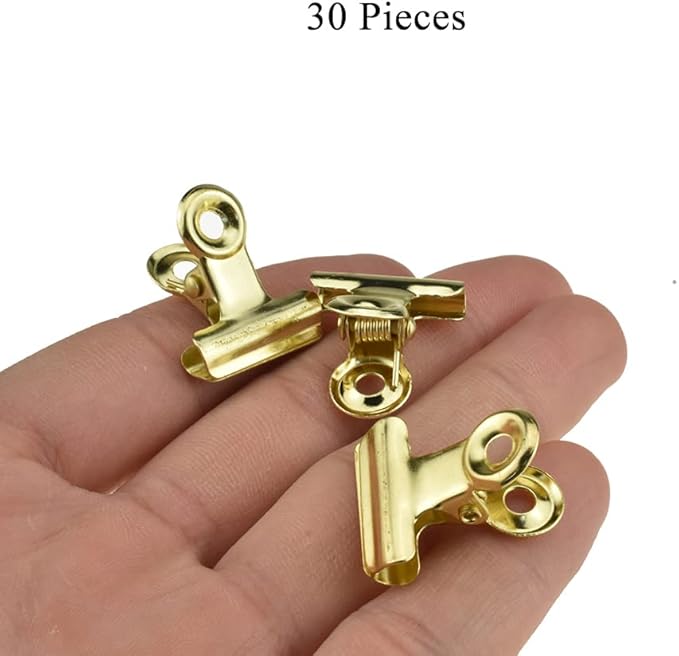 HAHIYO 0.87inch Light Gold Bulldog Clips Metal File Hinge Binder Clips Clamps Save Space Strong Spring Jaws Rock Solid Grip Book Lay Flat Deburred Edge for Hang Photos Wall Grid Dog Food 30PCS