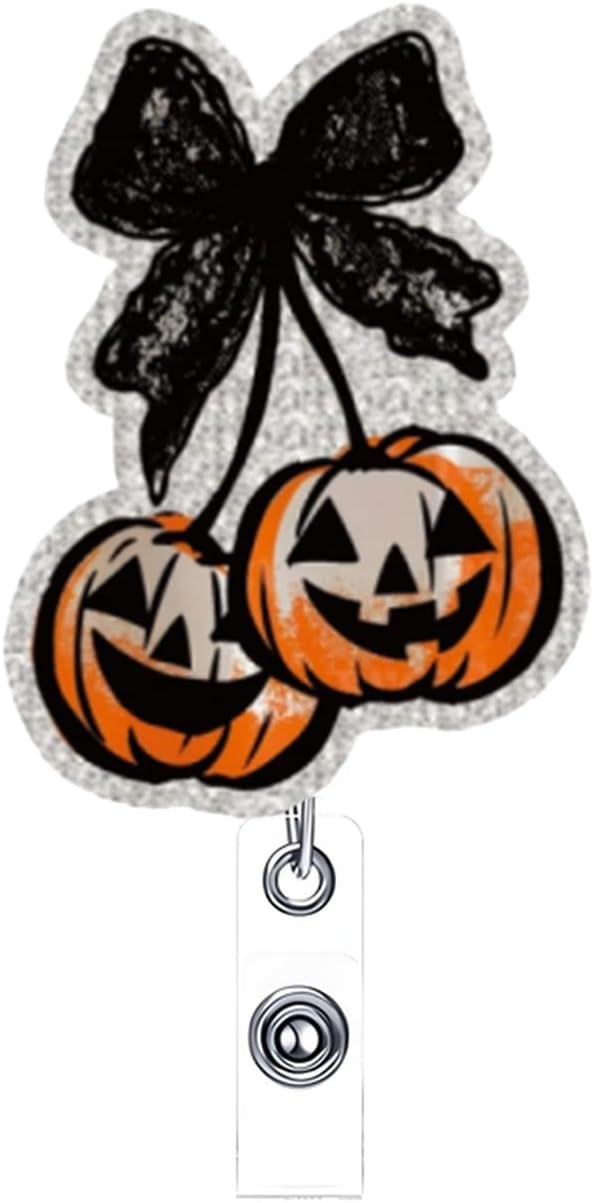 Halloween Badge Reel Retractable Autumn Coquette Pumpkin with Black Bow Acrylic Alligator Clip Halloween Badge Clip ID Card Holder Gifts for Medical Worker Teacher Doctor Cute Halloween Badges Holder