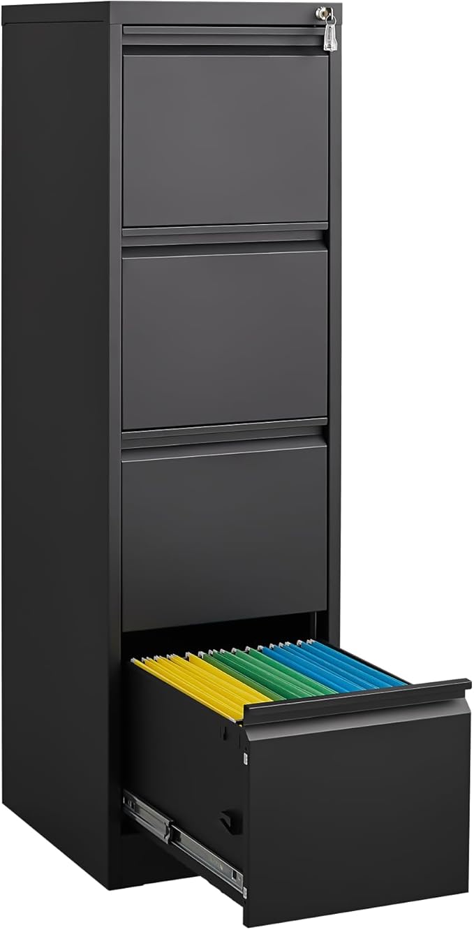 4 Drawer File Cabinet with Lock, Vertical File Cabinets for Home Office, Metal Filing Cabinets, Heavy Duty Steel Lockable Filing Storage Cabinet for Letter/Legal/A4/F4 Size Files, Black