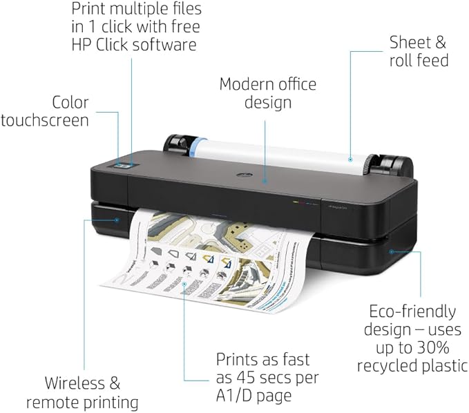 HP DesignJet T210 Large Format 24-inch Plotter Printer, Includes 2-Year Onsite Warranrty Support (8AG32T) - New Model