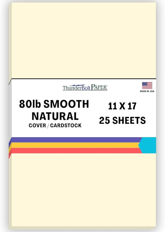 25 Natural Smooth Card Stock Sheets Paper - 11 X 17 Inches Tabloid|Ledger|Booklet Size - 80# (80 lb/Pound) Cover Weight - Quality Paper - Smooth Finish