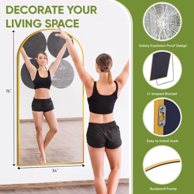 Full-Length Floor Mirror with Stand, 76"x34" Arched Style Full Body Standing Mirror for Bedroom, Living Room, Gym, Dorm - Shatter-Resistant & Easy Assembly, Gold