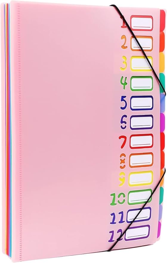 24 Clear Pocket Expanding File Folder with 12 Colored Tabs,Durable A4 Letter Size Organizer,Holds 300 Sheets, Project File Organizer, Numbered Index on Cover,Water-Resistant (Pink)