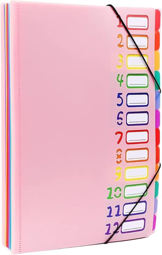 24 Clear Pocket Expanding File Folder with 12 Colored Tabs,Durable A4 Letter Size Organizer,Holds 300 Sheets, Project File Organizer, Numbered Index on Cover,Water-Resistant (Pink)
