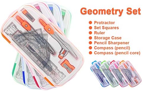 Geometry Compass Set 2 Drafting Compasses with Maths Protractor Set Squares Ruler and More for Students Starters Homework etc. Orange