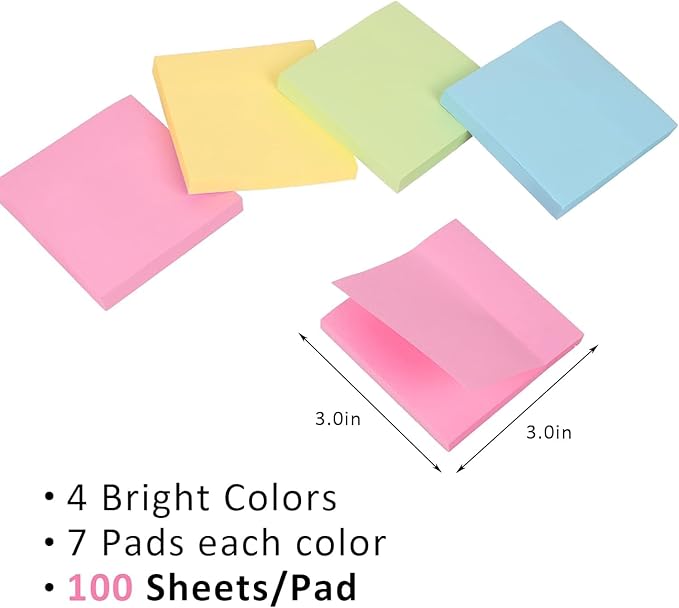 HappyHapi Sticky Notes 3x3 Inches Bulk 28 Pack 2800 Sheets Colored Self-Stick Pads, 100 Sheets/Pad, 4 Bright Colors (Yellow, Green, Pink, Blue) for Office Supplies, School, Home