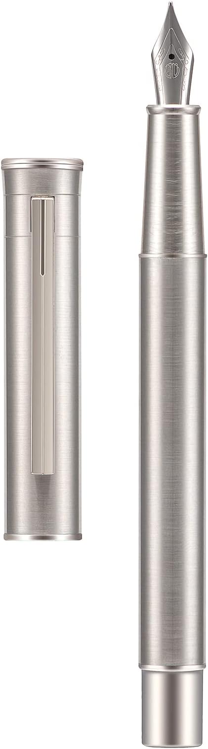 Hongdian 1861 Stainless Steel Fountain Pen Fine Nib, Classic Design Smooth Writing Pen with Converter and Metal Pen Case Set