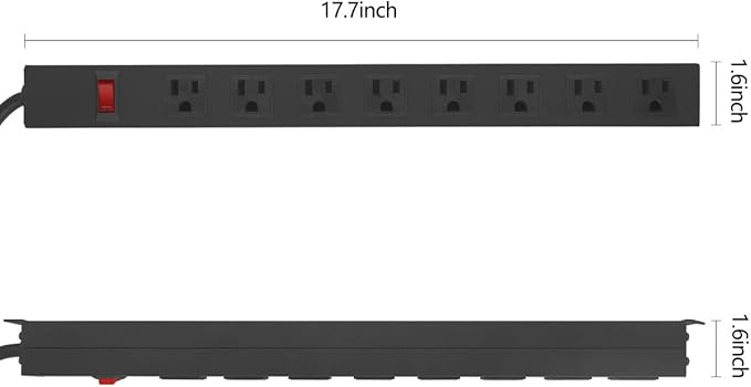 HHSOET Metal 8 Outlet Mountable Power Strip, Wall Mount Outlet Heavy Duty, Wide Spaced Commercial Shop Power Strip with Switch, 15A 125V 1875W, 6 FT SJT 14AWG Power Cord.(Black)