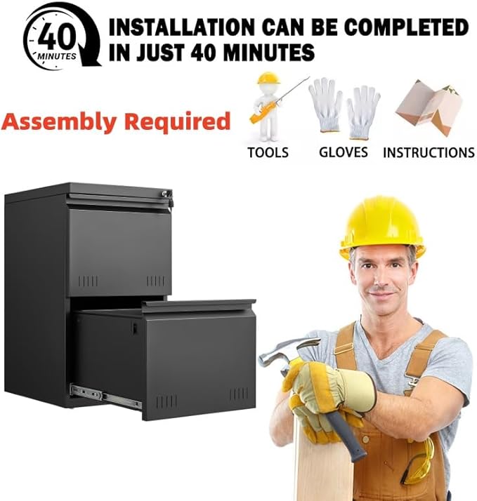 2 Drawer File Cabinet with Lock, Vertical File Cabinets for Home Office, Printer Stand, Heavy Duty Steel Office Storage Cabinet for Letter/Legal/A4, Assembly Required(Black)