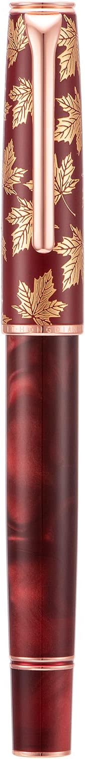 Hongdian N8 Red Acrylic Resin Fountain Pen, Iridium Medium Nib Rose Gold Trim Maple Leaf Carving Cap, Smooth Writing Pen with Converter and Metal Pen Box Set