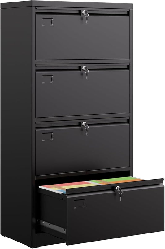 4 Drawer Lateral File Cabinet, Metal Wide Filing Cabinet with Independent Locks, Home Office Furniture for Hanging Files Letter/Legal/F4/A4 Size, Assembly Required, Black