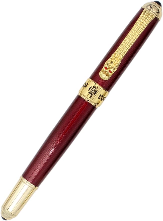 Gullor Fountain Pen with Ink Converter, Golden Dragon Clip, Executive Pen for Smooth Writing, Fine Nib, Red