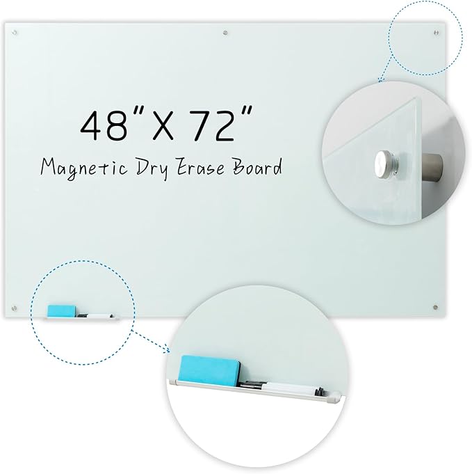 Glass Magnetic White Board – 72 x 48 Inches Dry Erase Frameless Whiteboard for Wall, Large Writing Board Wall Mounted Glass Board for Display, School and Business Office