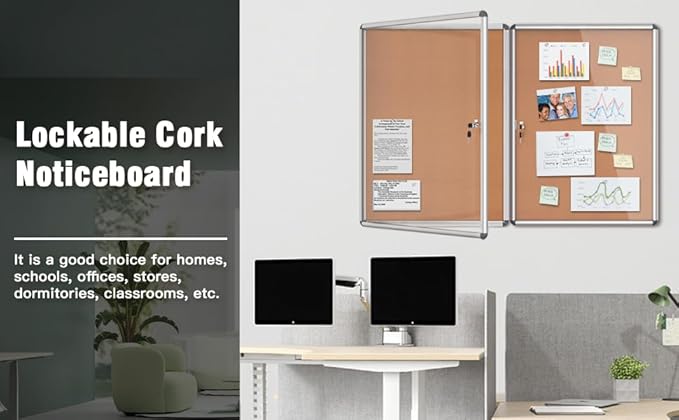 2 Pack 38"x28" Enclosed Bulletin Board, Lockable Weather-Resistant Aluminum Cork Noticeboard for School & Office, Silver Frame w/Cork