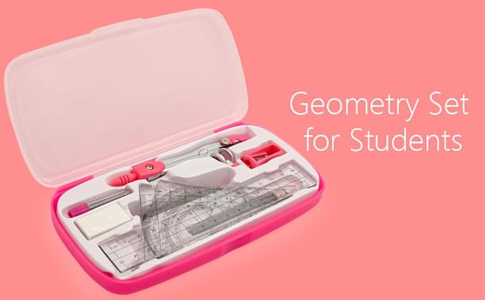 Geometry Compass Set Drafting Tools for School Students Geometry Compass Kit with Protractor, Set Squares, and Ruler Organized in a Plastic Case for Math Sarter and Homework – Stylish Pink