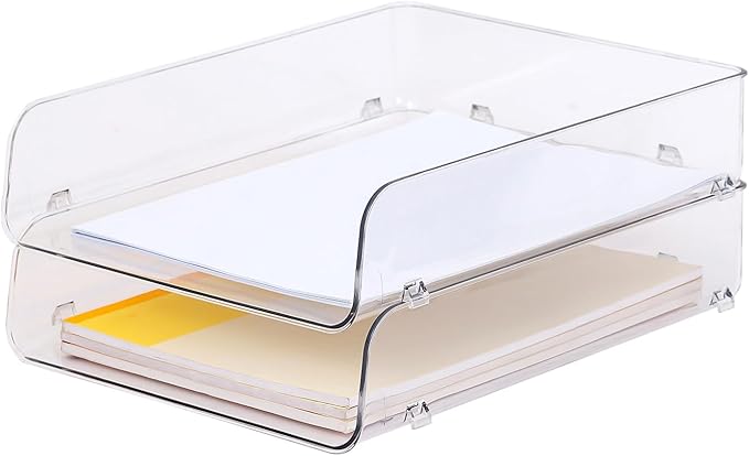 Gagee 2 Pack Paper Organizer for Desk,Clear Stackable Paper Sray, Office Desk Organizer for Notes, Pens, File, Document, Paper Holder ﻿