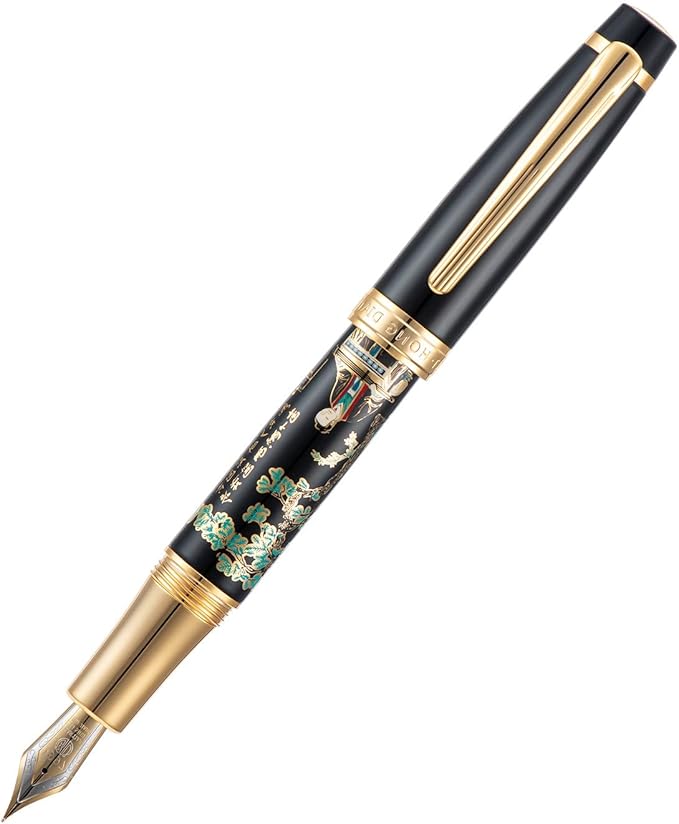 Hongdian 231 Chinese Classical Fountain Pen, Iridum Fine Gold Nib with Chinese Painting Design, Smooth Writing Pen with Ink Converter and Metal Pen Box Set