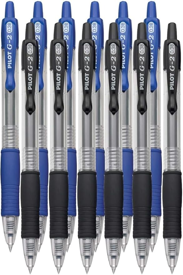 G2 Retractable Premium Gel Ink Roller Ball Pens Ultra Fine Point (.38mm) Black/Blue Ink 12 pack; Refillable & Premium Comfort Grip Bundle with Plastic Reusable Pouch