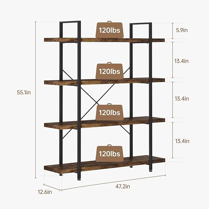 Heavy Duty 4-Tier Industrial Bookcase, 47" Wide Wood Bookshelf for Home Office, 120lbs Shelf Capacity, Rustic Open Shelving Display with Reinforced Horizontal Shelf for Living Room Bedroom
