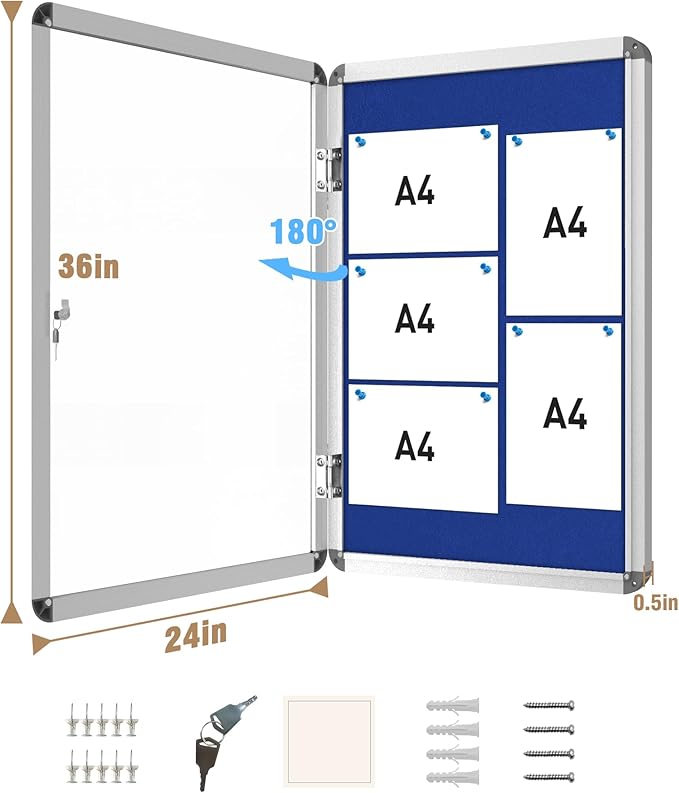 36"x24" Enclosed Bulletin Board, Lockable Weather-Resistant Aluminum Cork Noticeboard for School & Office, Silver Frame w/Blue Flet
