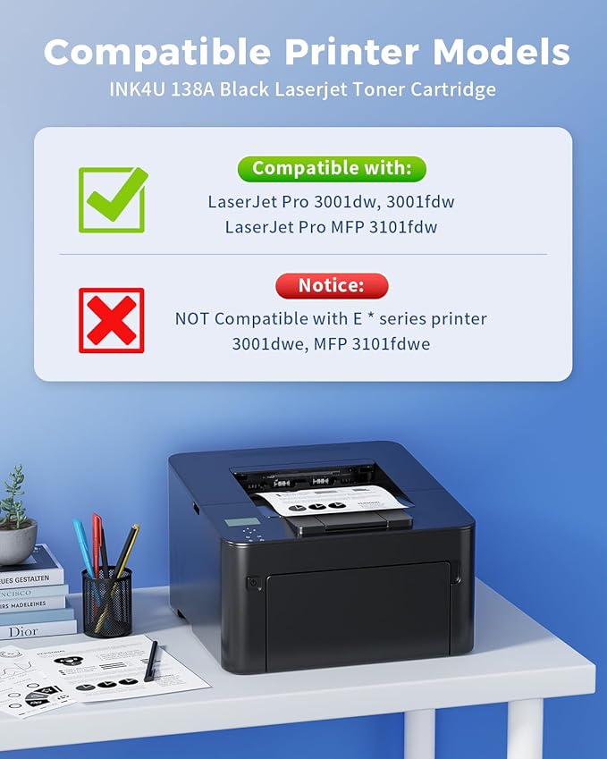138A Black Laserjet Toner Cartridge Compatible Replacement for HP 138A Black Toner W1380A 138X W1380X to Use with HP Laserjet Pro MFP 3101fdw Toner, Pro 3001dw 3001fdw Printer (2-Pack, with Chip)