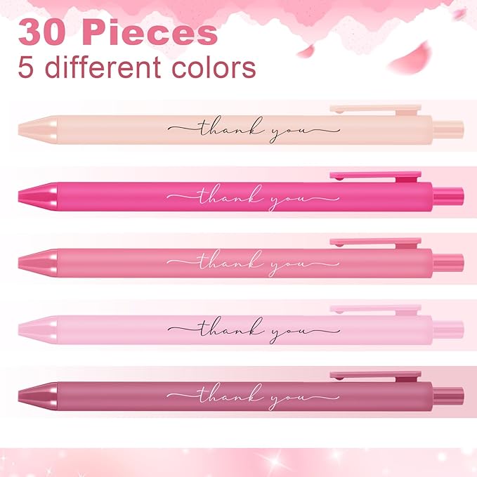 30pcs Thank You Pens Bulk Cute Multicolor Ballpoint Pen for Men Women Server Accessories Employee Holiday Appreciation Gifts for Teacher Office Back to School Party Favor (Pink)