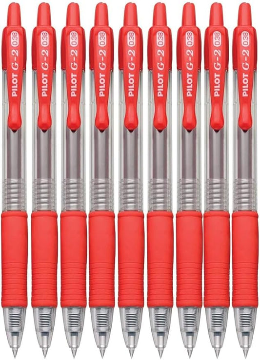 G2 Retractable Premium Gel Ink Roller Ball Pens Ultra Fine Point (.38mm) Red Ink 9 pack; Refillable & Premium Comfort Grip Bundle with Plastic Reusable Pouch