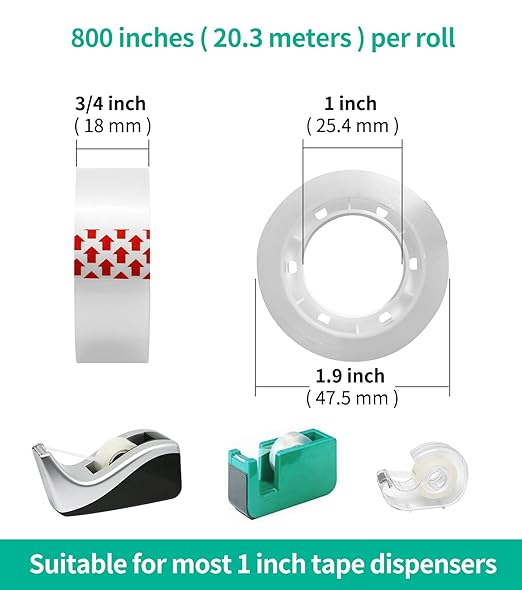 24 Rolls Transparent Tape Refills, Clear Tape Dispenser Refill Rolls, Glossy Gift Wrap Tapes for Office, School, Home, 3/4 x 800 Inches