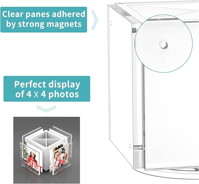 HIIMIEI Acrylic Rotating Pen Holder for Desk, Pencil Holder Picture Frame Holds 4 Family Photos of 4"x4", Desk Pen holder Organizer for Office, Classroom, Home, Kids (White)