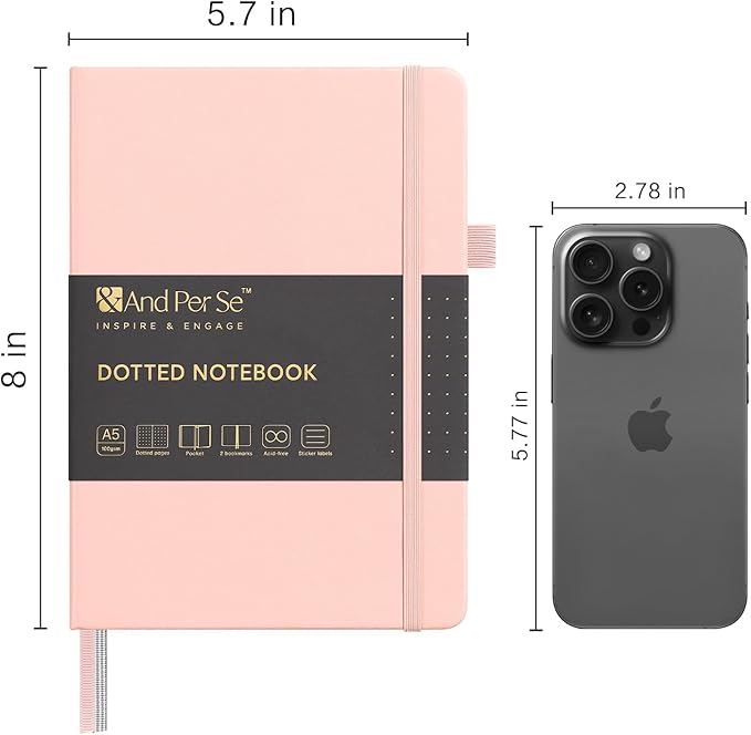 &And Per Se Dotted Journal Notebook, A5 Hardcover Leather Bullet Dotted Journal, 160 Pages 100 gsm Thick Dotted Paper，3 Sheets of Stickers Included - 5.7'' x 8''（Pink）