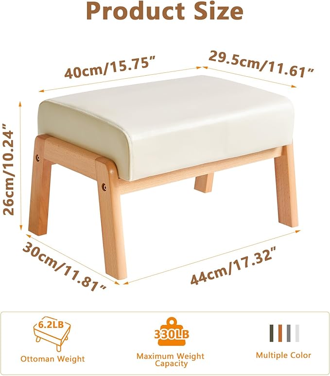 IBUYKE 10.2” H Small Foot Stool Ottoman, Rectangle PU Faux Leather Foot Rest with Padded Seat and Wood Legs, Modern Accent Ottoman Foot Rest for Living Room Bedroom Couch Office, White WBD013W