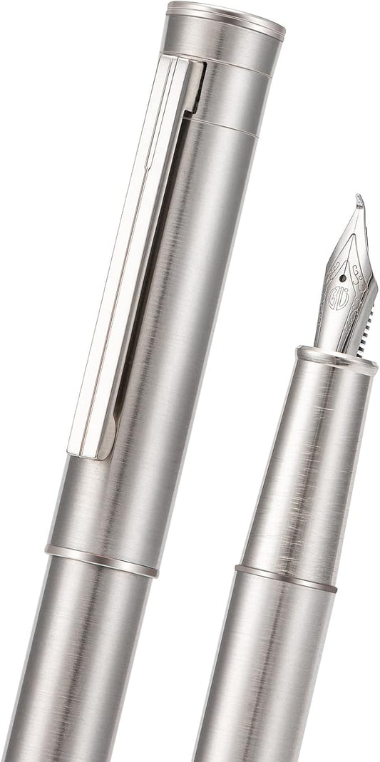 Hongdian 1861 Stainless Steel Fountain Pen Bent Nib, Classic Design Smooth Writing Pen with Converter and Metal Pen Case Set