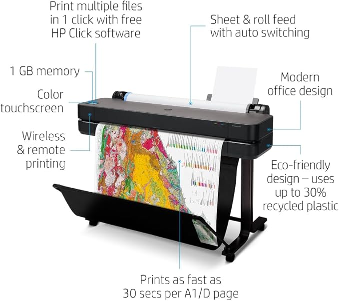 HP DesignJet T630 Large Format 36-inch Plotter Printer, with Auto Sheet Feeder, Media Bin & Stand (5HB11D) - New Model