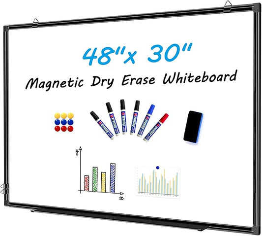 H-Qprobd 48"x30" Magnetic White Board Dry Erase Wall Mount Whiteboard - Office Home Classrooms White Board Hanging Writing Board with Black Aluminum Frame