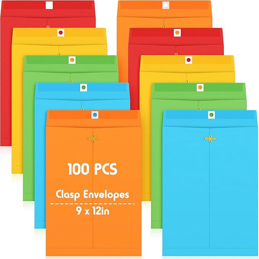 Geyee 100 Pcs Clasp Manilla Envelopes 9 x 12 Inch Gummed Colored Envelopes for Storing or Mailing for Home Office Business Supplies(Multicolor)