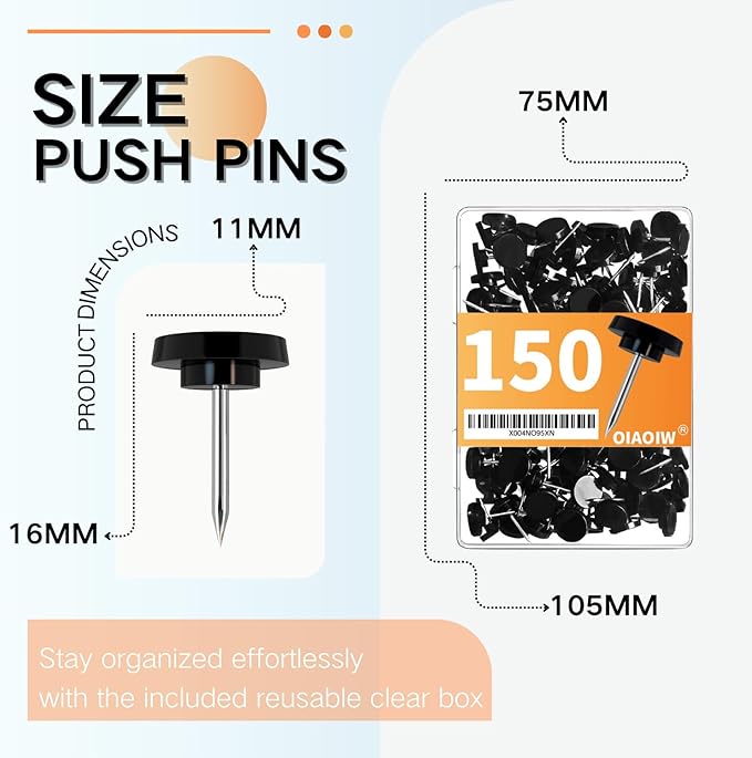 150 PCS Black Flat Push Pins for Wall Thumb Tacks for Walls Flat thumbtacks Push pin for Bulletin Board Shadow Box Display Thumbtack for Cork Board