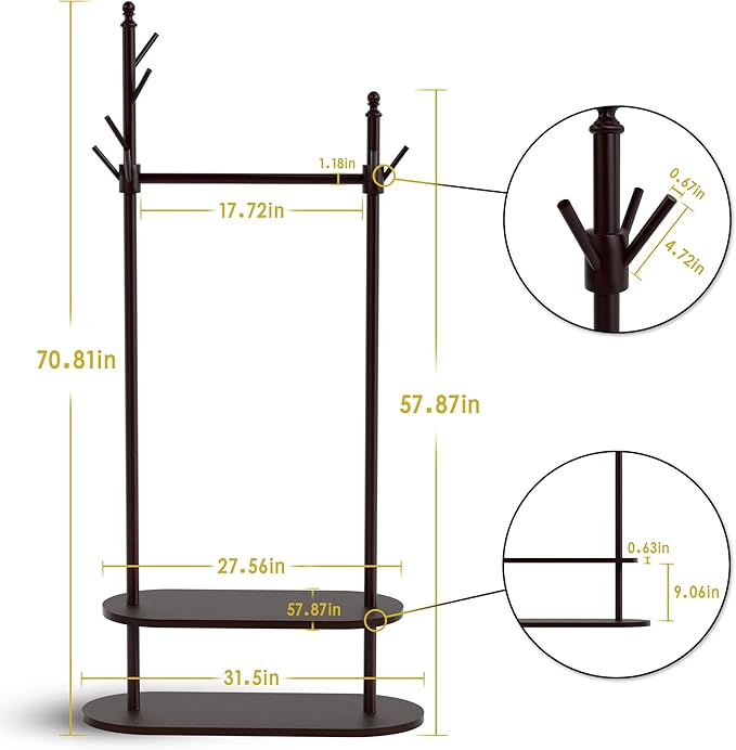 2-Tier Coat Rack Freestanding, Easy Assemble 8 Hooks Wooden Coat Rack with Shoe Storage Sturdy Coat Tree Save Space, Rustic Coat Stand for Entryway, Bedroom, Office (Dark Brown)