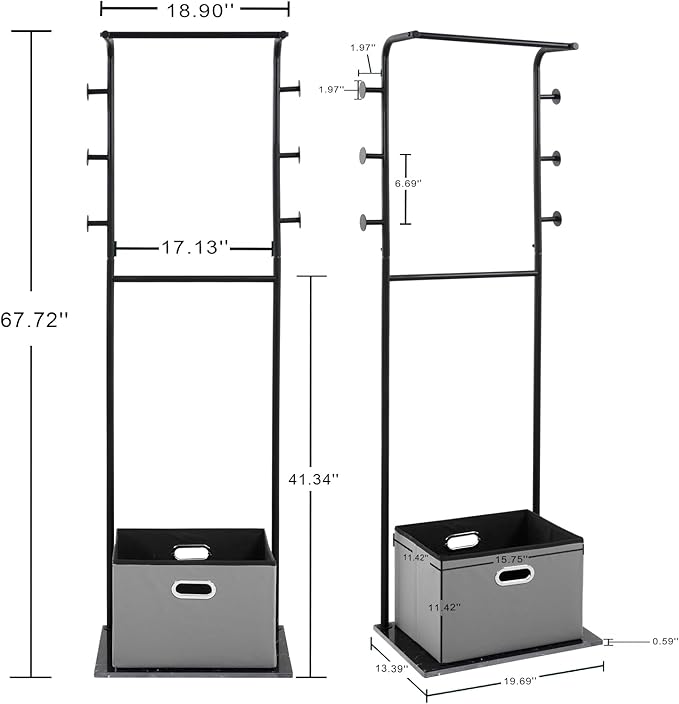 Heavy Duty Coat Rack with Storage Basket Metal Hanging Clothes Rack with Marble Base Modern Standing Clothing Rack for Entryway Bedroom Living Room Hotel 19.69 x 13.39 x 67.72 Inches (Black)