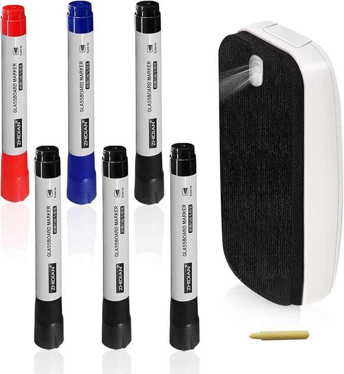 Glass Whiteboard Markers, Spray Magnetic Eraser & 2-in-1 Reversible Dual Tip - Bullet & Fine Point, Erasable Liquid Dry Erase Pens (4 Black 1 Blue 1 Red) for Acrylic Window Mirrors