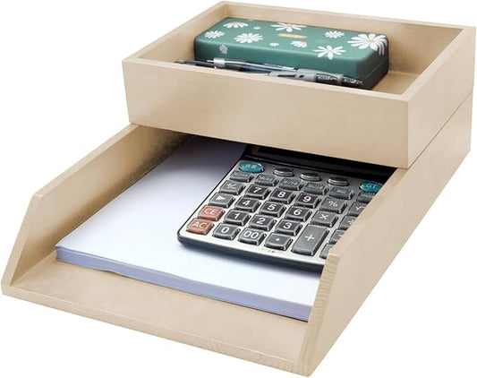 2-Tier Wood Letter Tray Wooden Desk Organizer Letter-Size Tray Magnetic Paper Document File Organizer for Office Supplies Collection Folders Notebooks Desktop Workspace Holder