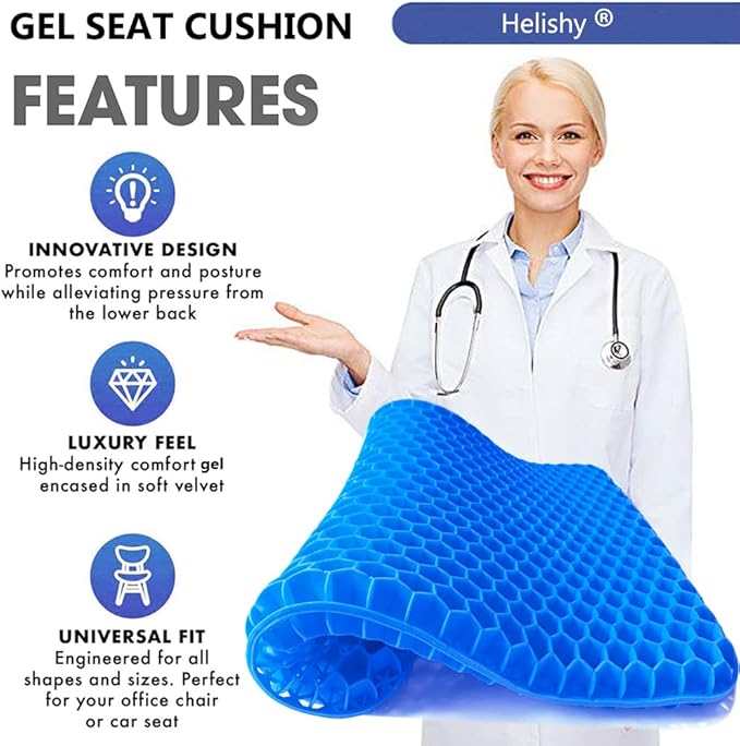 Gel Seat Cushion, Extra Large Breathable Honeycomb Gel Cushion, Absorbs Pressure Points Seat Cushion with Non-Slip Cover for Office Chair Home Cars Wheelchair (Standard, Blue)